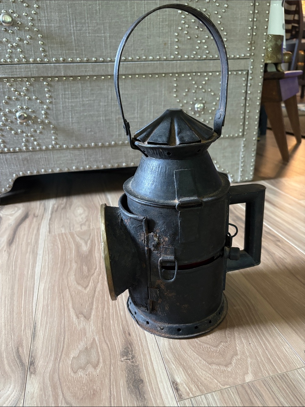 Black Metal Lantern with Brass Trim - Rustic Accent - Picture 2 of 3